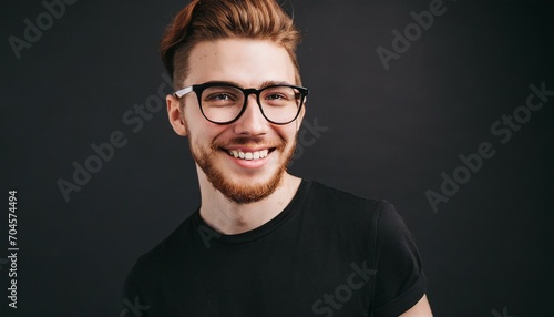 handsome ginger man wearing black t shirt and glasses on black background