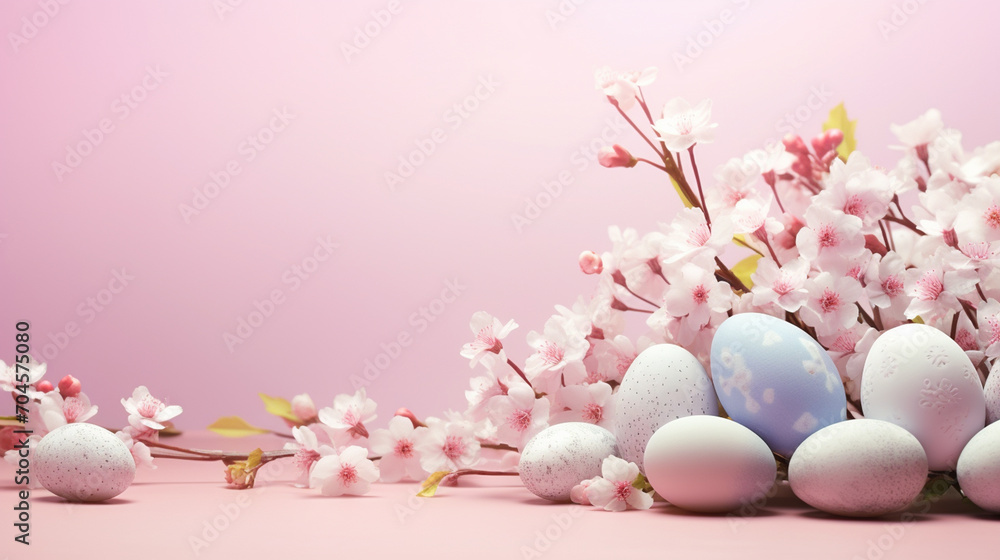 Happy Easter. Easter eggs and flowers on backgrounds. Place for text.Generative AI