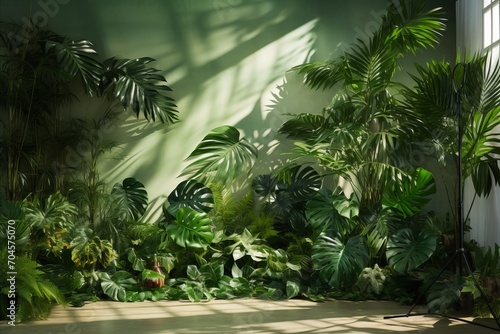 Tropical Leaves. Captivating Interplay of Light and Shadow against a Serene White Concrete Wall