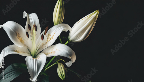 Funeral flowers isolated on black background. Floral condolence card with copy space.