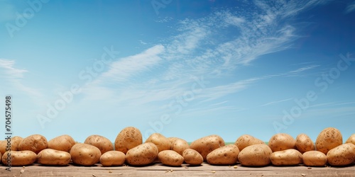 Potatoes on table with field and sky.