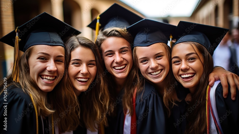 "Proud Graduates: celebratory moment of university graduates in their cap and gown, marking a significant academic milestone. - obrazy, fototapety, plakaty 
