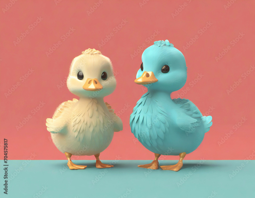 Two cute ducklings in three-dimensional style isolated on pink background