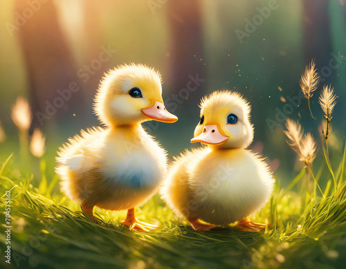 Two cute cartoon ducklings in the grass
