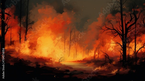 A painting of a fire burning in a forest