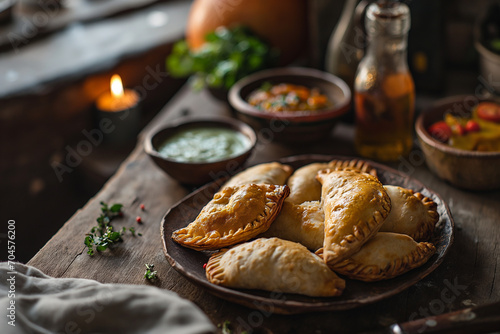Foto A plate full of homemade empanadas and dips, moody contrast setting