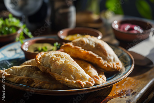 A plate full of homemade empanadas and dips, moody contrast setting. Wooden table kitchen. Latin food