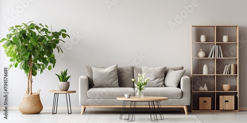 Scandi-style living room with gray sofa, coffee table, shelf, plants, and elegant decor. photo
