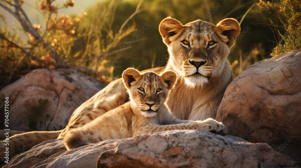 Lioness with cub are resting on the rocks, AI Generative. Lioness with cub are resting on the rocks, AI Generative.