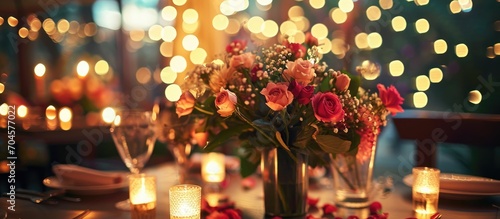Surprising engagement at a luxurious restaurant with decorated flowers and candles for a romantic Valentine's Day dinner. photo