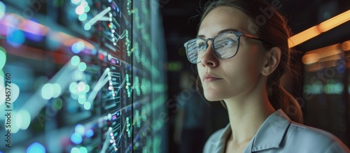 Female engineer brainstorming cybersecurity and data center backup ideas in a server room, inspecting digital software and hardware in the basement. photo