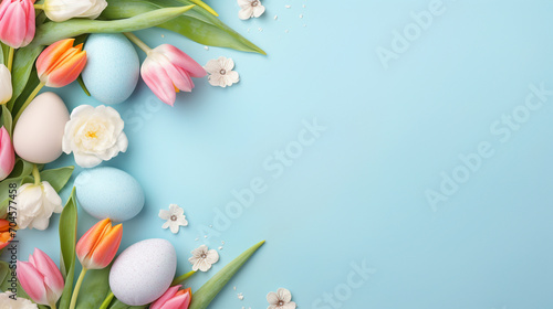 A bouquet of delicate tulips on a light blue background. Holiday card  place for text.Generative AI
