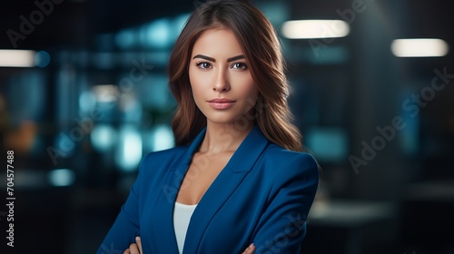 A young woman wearing a blue dress as a businesswoman