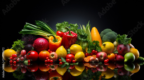 Many fruits and vegetables on a black background.Generative AI