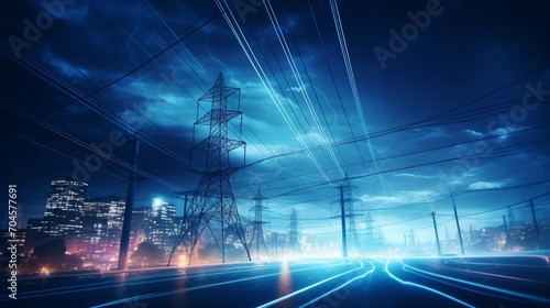 high-voltage tower and power lines, blurry city lights at night, 16:9 photo