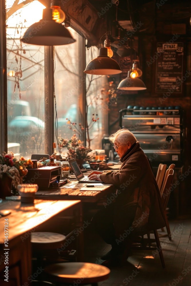 A photo of an elderly person browsing the internet on a laptop in a café, capturing their concentration and the ambient coffee shop setting