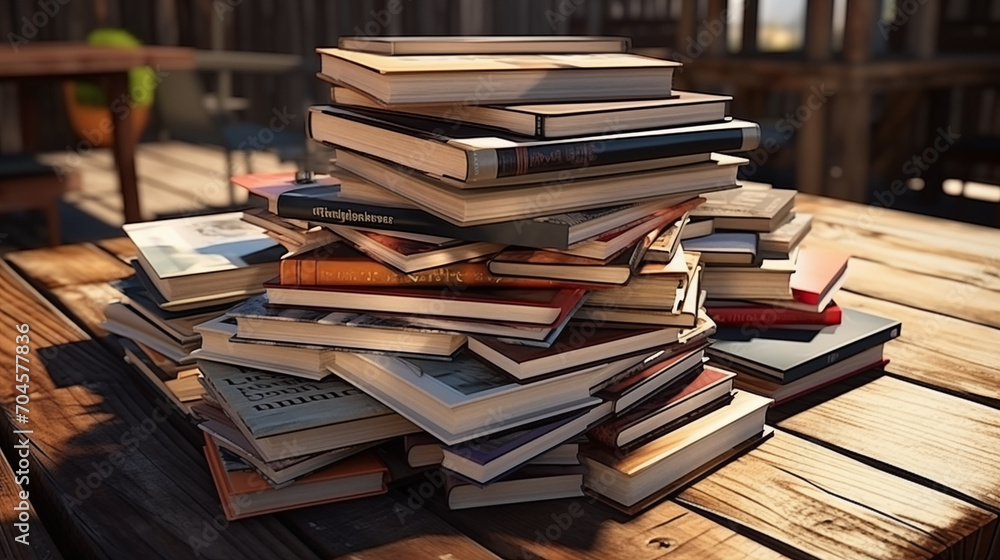 A stack of books on a wooden table. the concept of learning, studenthood. A stack of books on a wooden table. the concept of learning, studenthood.
