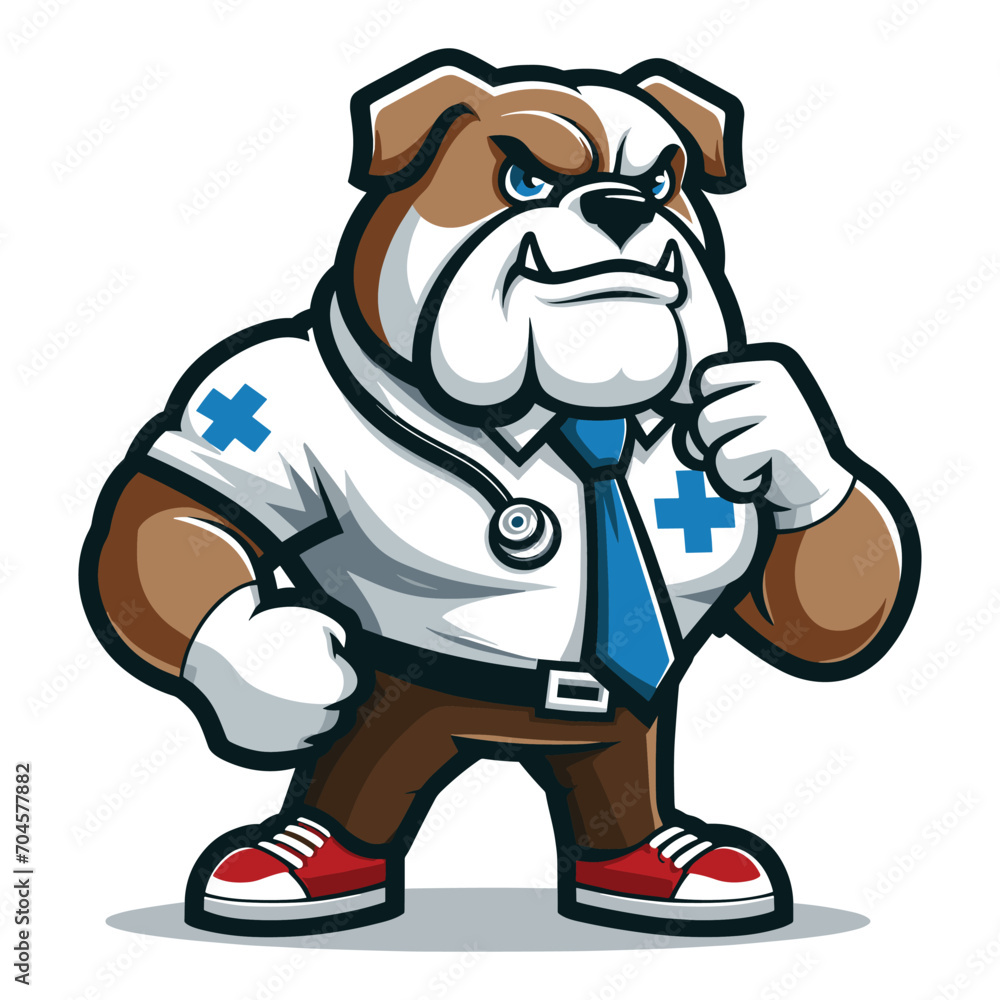 Cute cartoon bulldog puppy in doctor uniform with stethoscope mascot character design vector, logo template isolated on white background Cute cartoon bulldog puppy in doctor uniform with stethoscope mascot character design vector, logo template isolated on white background