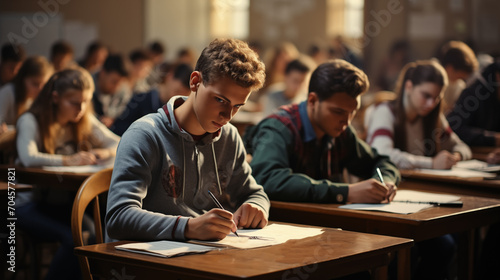 student in a lecture in a classroom. concept of learning in a college, university, or school