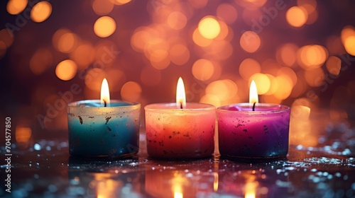 closeup of 3 burning candles on abstract blurry background  copy space  16 9