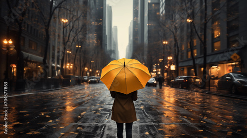 the womenl with the yellow umbrella in the big city