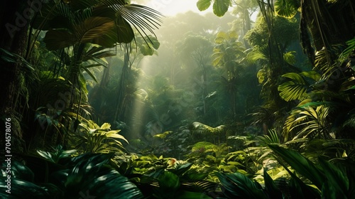 beautiful green jungle of lush palm leaves, 16:9