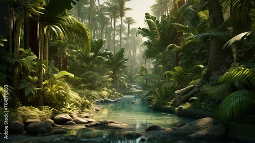 beautiful green jungle of lush palm leaves, 16:9
