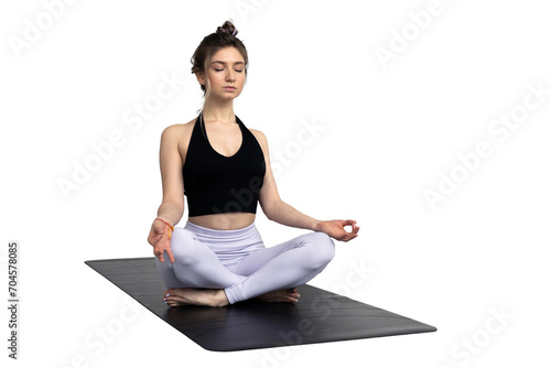 A yoga woman on a mat stands balanced and calm in an asana pose. Transparent background.