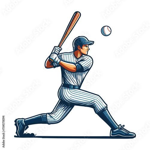 Baseball softball player in action vector illustration, hitter swinging with bat design template isolated on white background