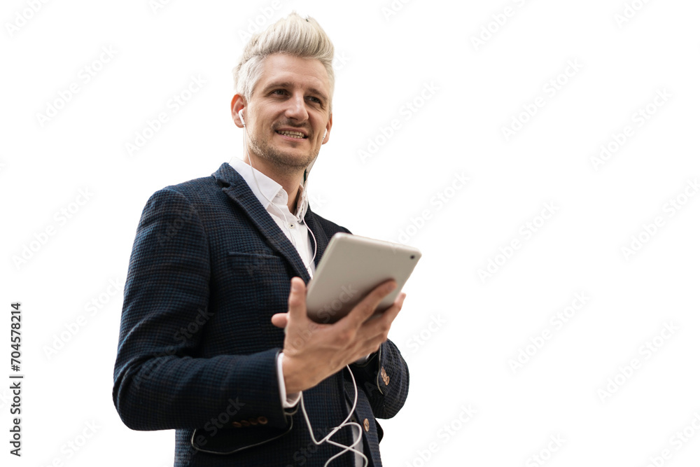 A male entrepreneur is using a tablet, smiling and looking at the camera, an employee in a jacket. Transparent background. A male entrepreneur is using a tablet, smiling and looking at the camera, an employee in a jacket. Transparent background.