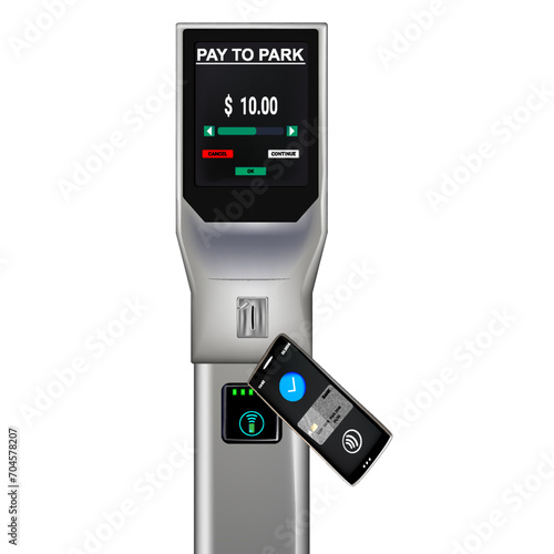 Parking meters.Parking lot with authorized parking machine.Self service parking pay.Wireless, contactless or cashless payments, rfid nfc