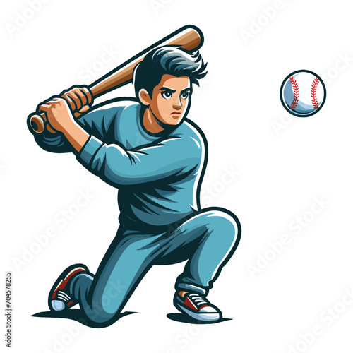 Baseball softball player in action vector illustration, hitter swinging with bat design template isolated on white background