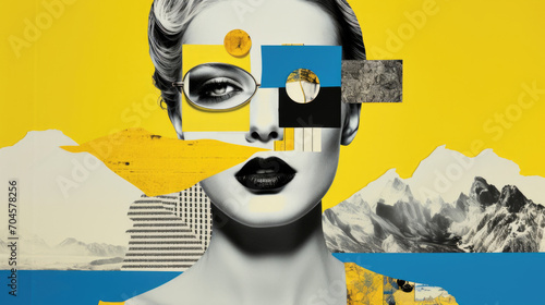 Art collage halftone woman portrait on nature background. Yellow sky and blue sea, mountains and geometric shapes