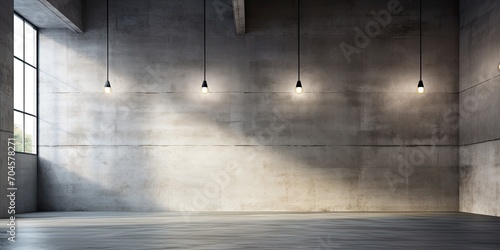 Minimalistic modern interior with linear daylight lamps, concrete ceiling, and abstract architectural image against industrial background.