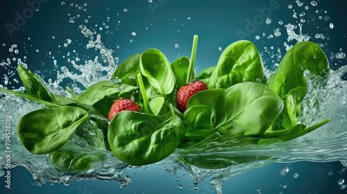 Smooth Fresh organic raw green Spinach Vegetables falling into water and splashes created with Generative AI Technology