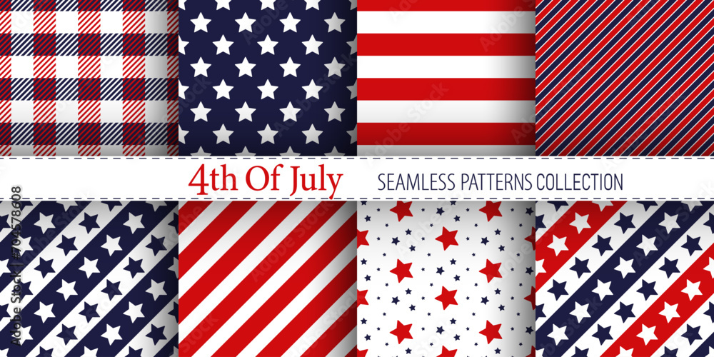 American vector seamless patterns collection. Classic stars and stripes ornaments in blue, red and white colors. Best for textile, wallpapers, wrapping paper festive decoration. - obrazy, fototapety, plakaty 