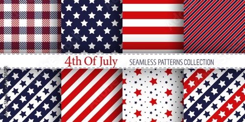 American vector seamless patterns collection. Classic stars and stripes ornaments in blue, red and white colors. Best for textile, wallpapers, wrapping paper festive decoration. photo