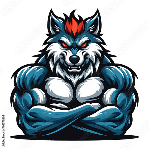 Strong body muscle wild beast wolf fox dog mascot design vector illustration, logo template isolated on white background