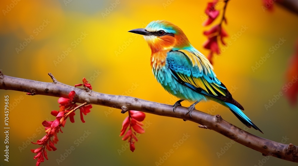 Vibrant colors and patterns are used to create a pattern on the bird perched on a branch.