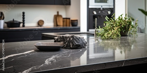 Marble benchtop paired with black granite photo