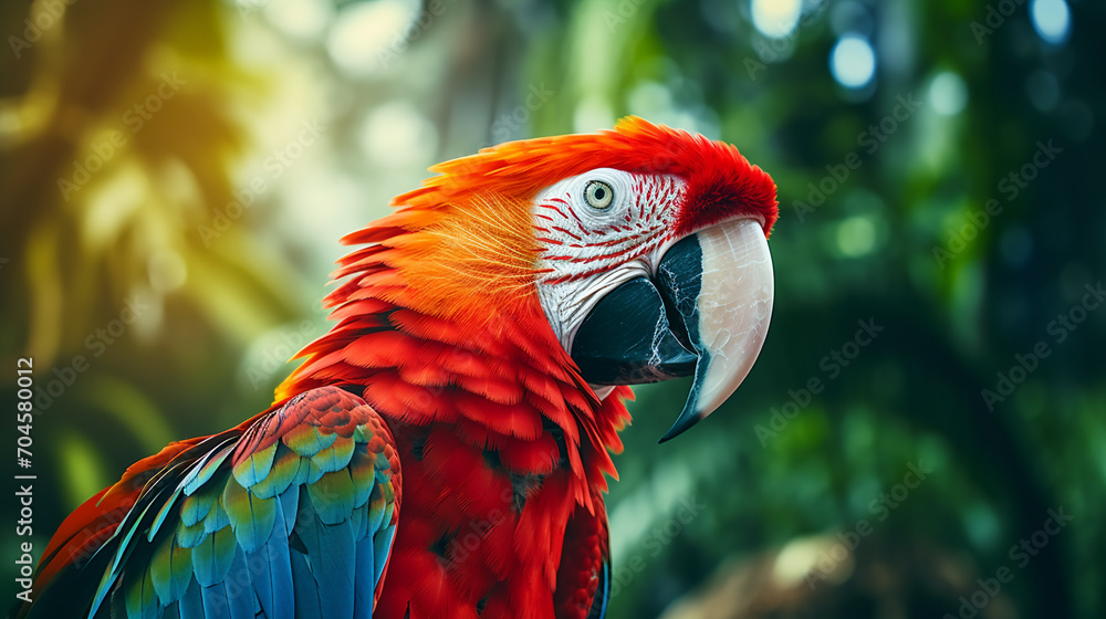 Fototapeta premium Colorful of Amazon red macaw parrot against jungle. AI Generative.