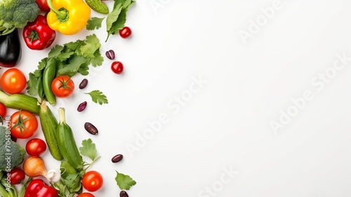 White space is displayed in the top view of fresh vegetables, greens, and seasonings.