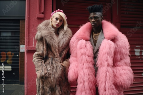 A gangster in a pink fur coat and a prostitute in a back alley on a city street photo