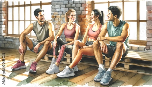 The image portrays two men and two women sitting and interacting in a gym, post-workout.