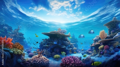 mesmerizing world of underwater wonders with a vivid scene showcasing tropical sea life  colorful fishes  and intricate coral reefs.