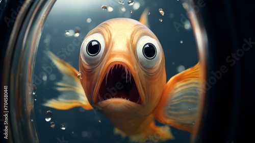 A fish in a tank with a wide open mouth