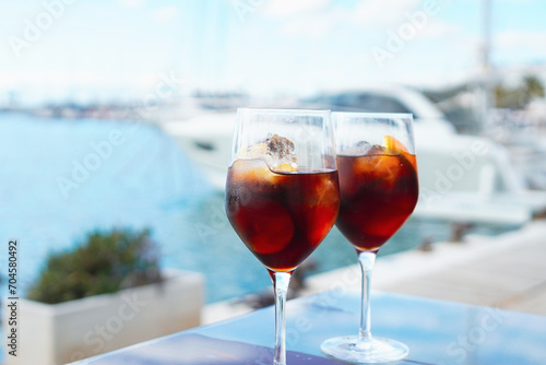 Spanish vermut(vermouth) to drink at a bar in a yacht harbor