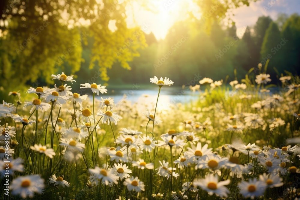 A picturesque field filled with beautiful white daisies underneath a golden sun, A lively spring meadow filled with daisies and sunlight, AI Generated