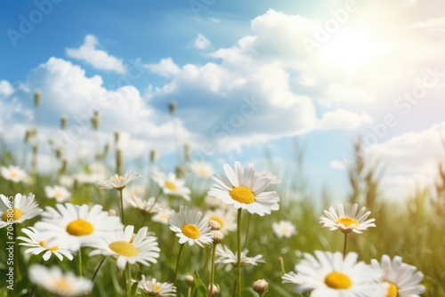 A picturesque field filled with daisies, basking under a clear blue sky, creating a serene and tranquil atmosphere, A lively spring meadow filled with daisies and sunlight, AI Generated © Iftikhar alam