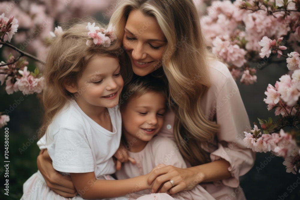 Heartwarming image of a woman and two young girls sharing a joyful and affectionate hug, A loving mom spending quality time with her kids on Mother's Day, AI Generated Heartwarming image of a woman and two young girls sharing a joyful and affectionate hug, A loving mom spending quality time with her kids on Mother's Day, AI Generated